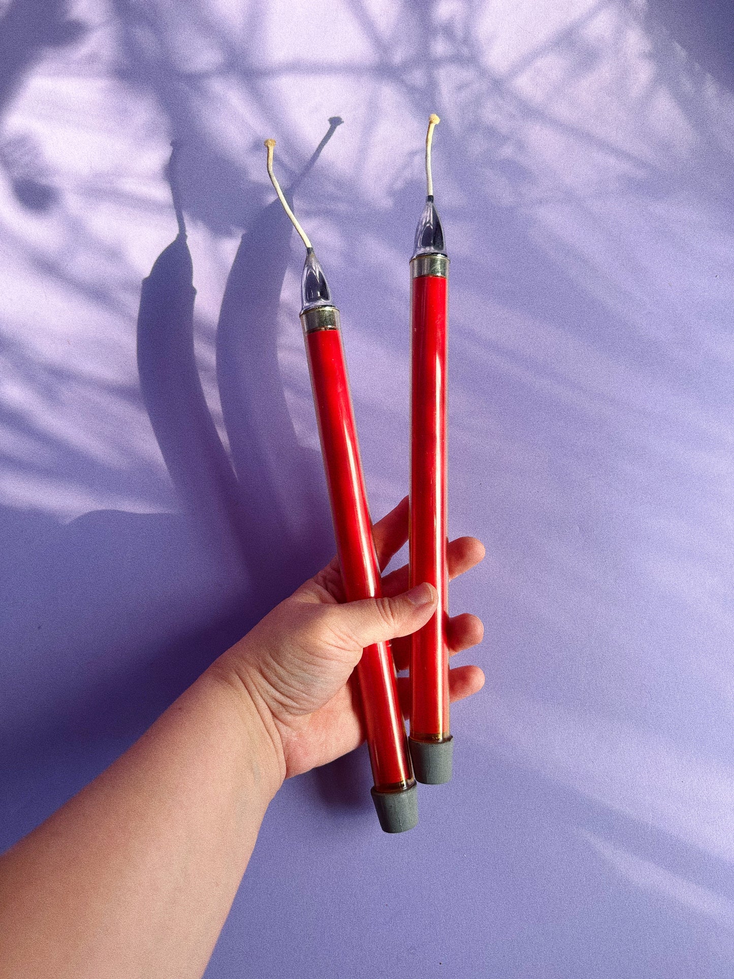 Vintage MCM Red Milbern 12" Refillable Lighter Fluid Burning Candle Tapers