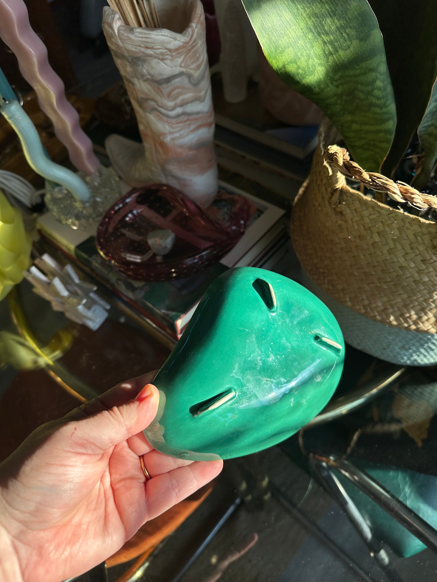 Vintage Mid Century Modern Green / Lime Dish W/ Comedy Tragedy Masks