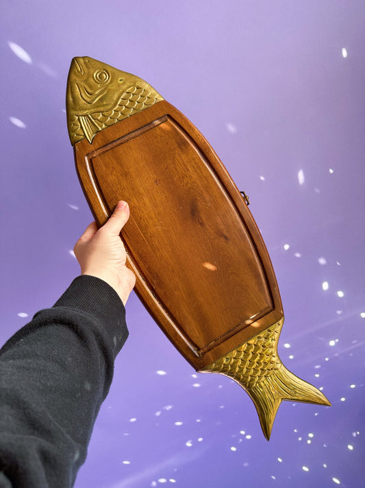 Vintage Wood & Brass Fish Platter / Wall Hanging