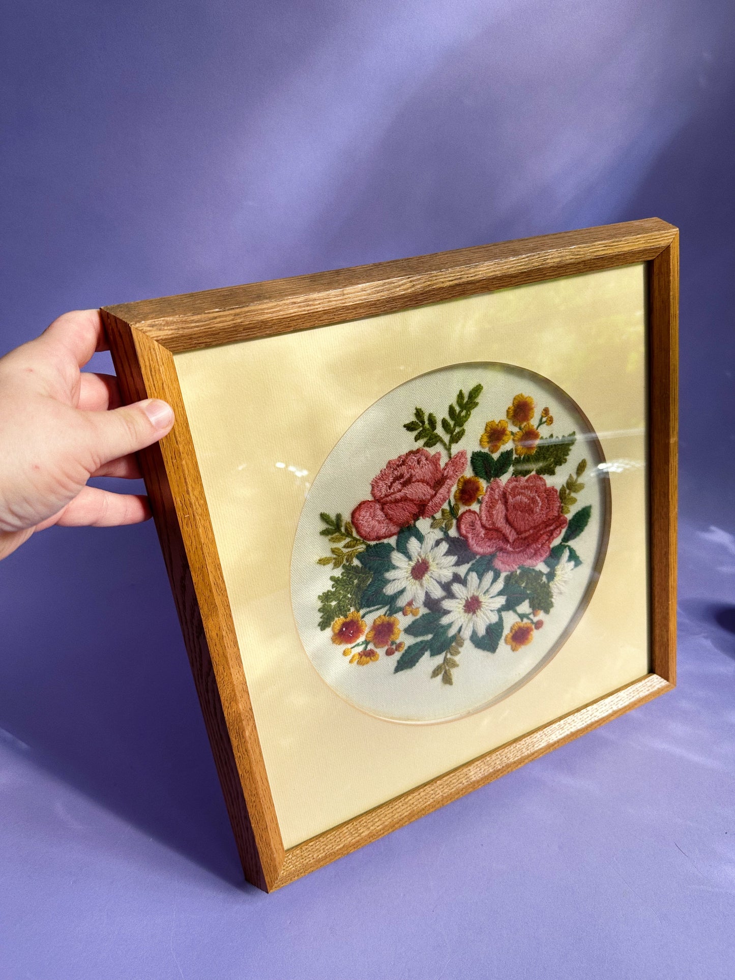 Gorgeous Vintage Wood Framed Pink Floral Embroidered Crewel
