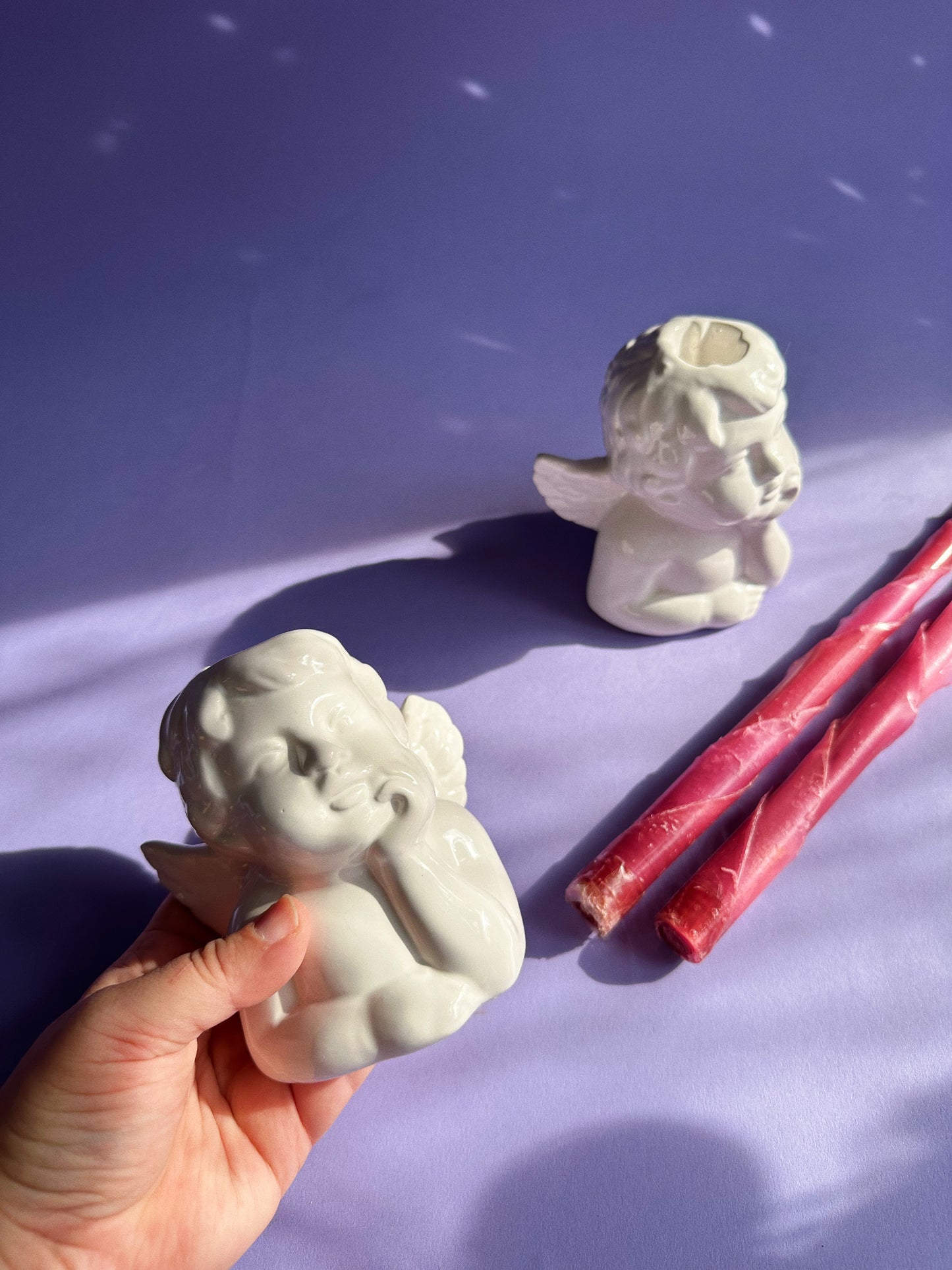 Vintage White Ceramic Cherub Candlesticks