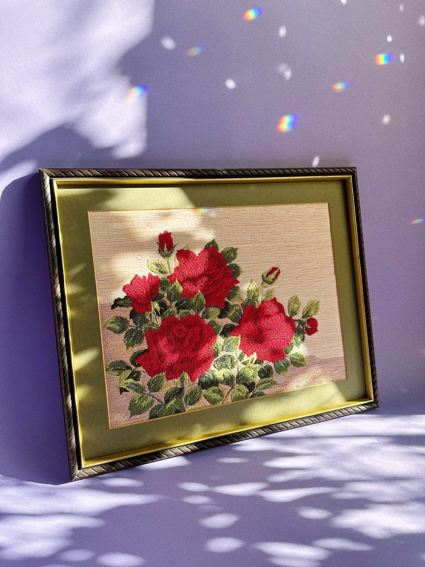 Vintage Framed Red Rose Crewel