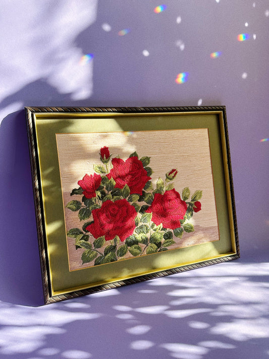 Vintage Framed Red Rose Crewel