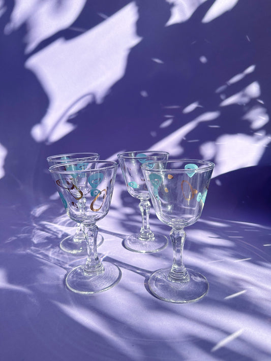 Set of 4 Federal Atomic-Amoeba Cocktail Glasses Wine Cordial MCM Gold Blue