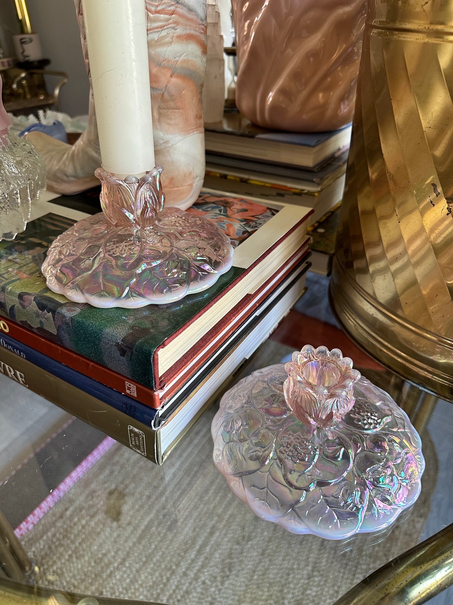 Vintage Fenton Pink Opalescent Carnival Glass Water Lilly Candlestick Holders