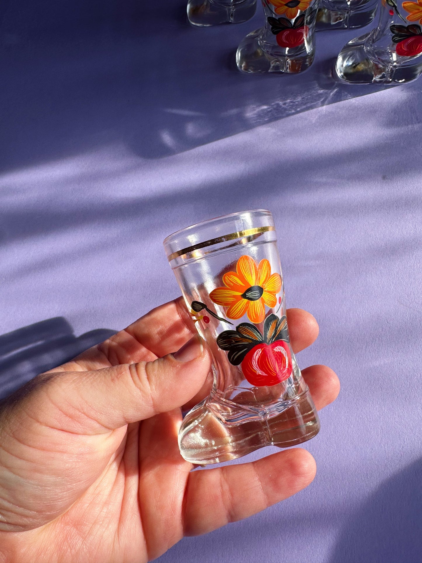 Set Of Mod Dep Glass Boot Shot Glasses Flower Decor Italy