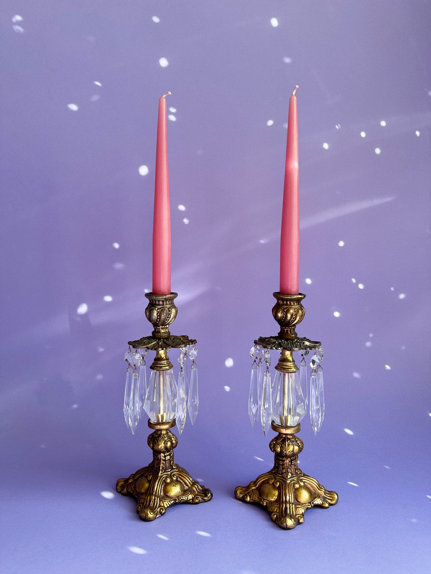 Pair Antique Hollywood Regency Style Ornate Gold Cast Brass Candlestick Holders