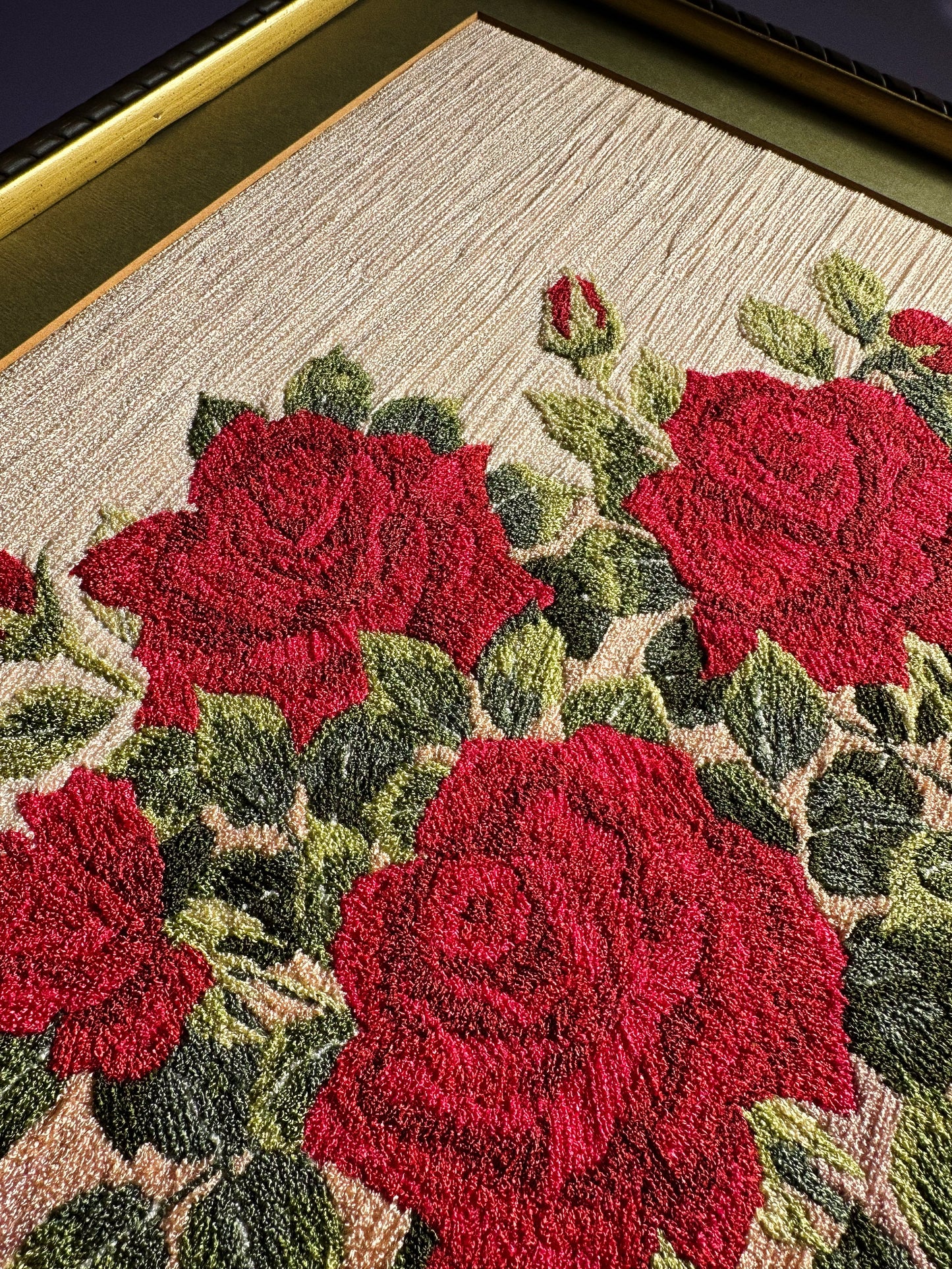 Vintage Framed Red Rose Crewel