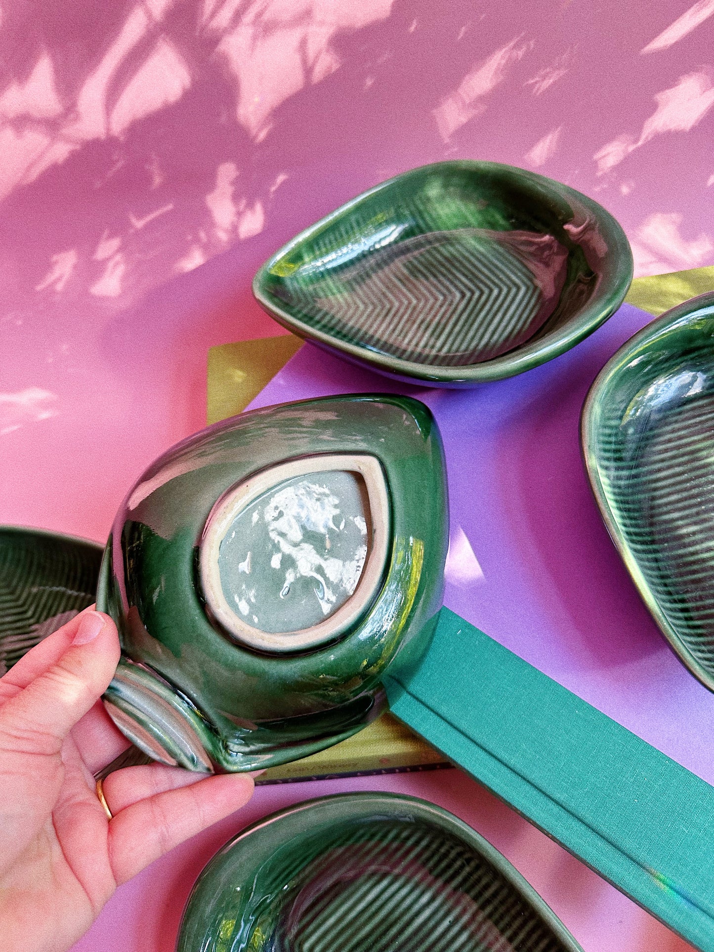 Set of 6 Green Leaf Glazed Pottery Serving Dishes