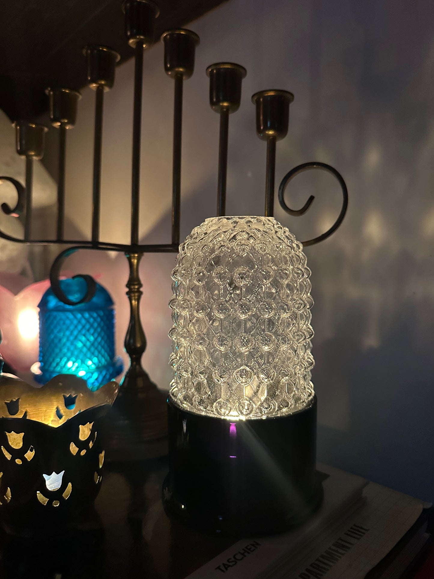 Mosser Hobnail Glass Courting Fairy Light Lamp with Black Glass Base