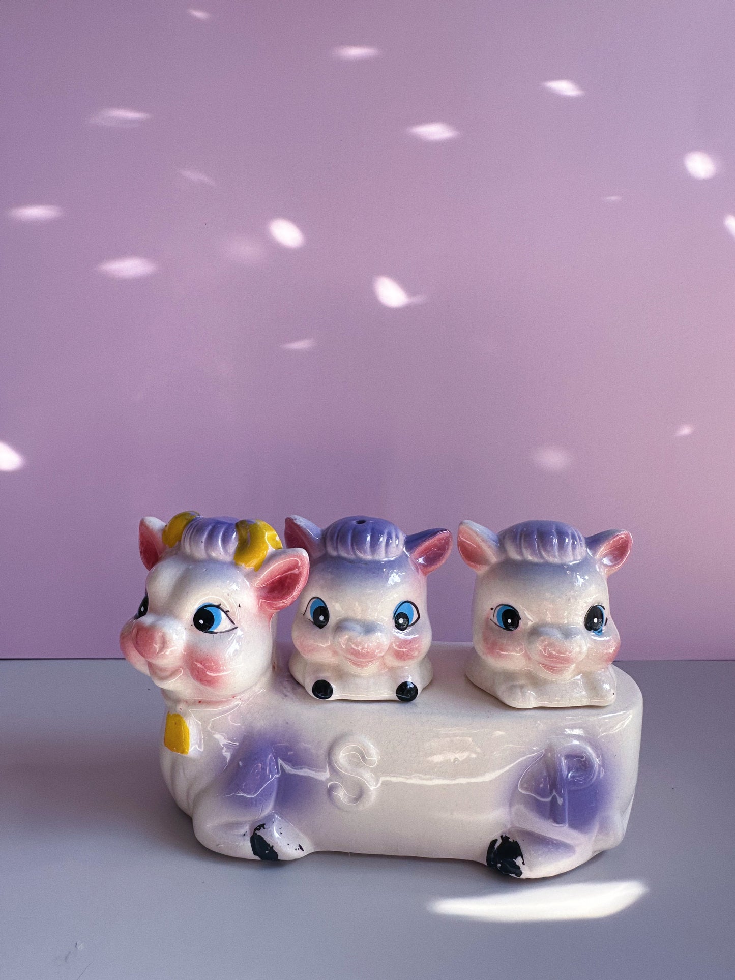 Vintage Cow Salt & Pepper Shakers Anthropomorphic Holder Set 1950s Japan Ceramic