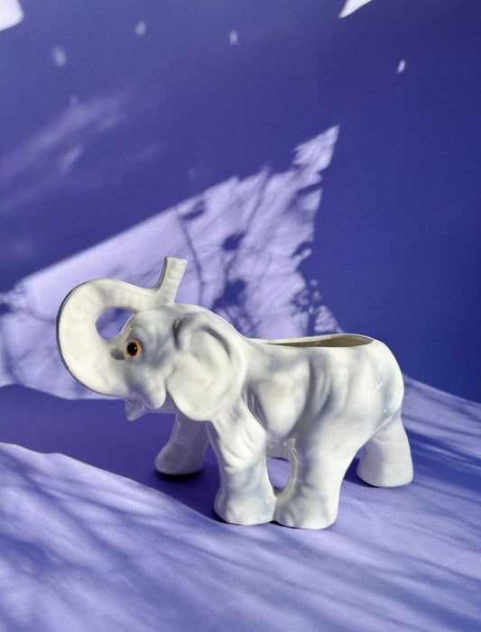Vintage Ceramic Light Grey Elephant Planter