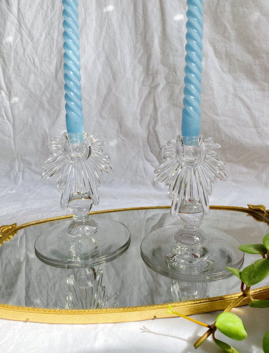 Pair of Manganese Glass Art Deco Starburst Candlesticks