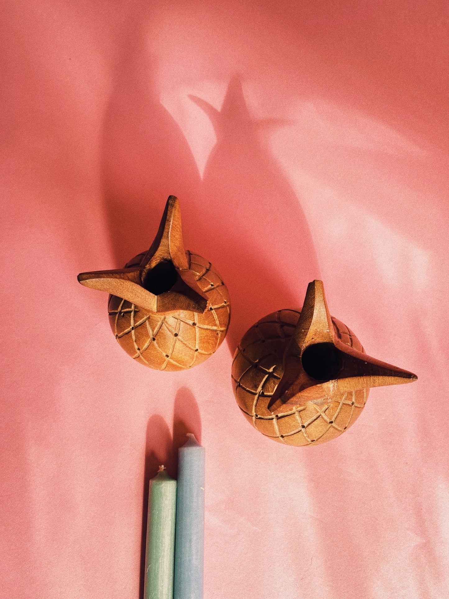 Pair of MCM Solid Handcrafted Pineapple Wood Candle Holders