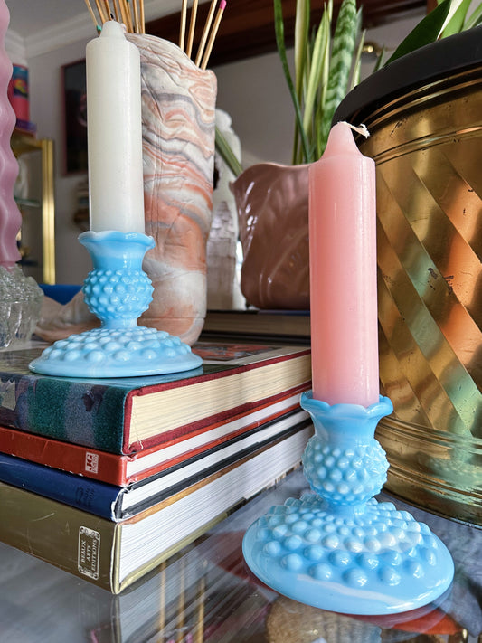 Vintage Fenton Blue Hobnail Glass Candlestick Pair Slag Glass