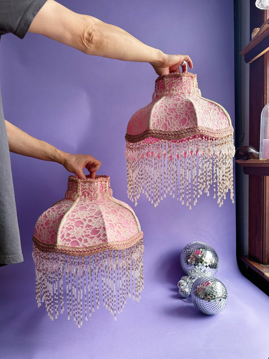 Pair of Victorian French Large Lamp Shade Lace "Blush" Pink Bead Fringe Scallop