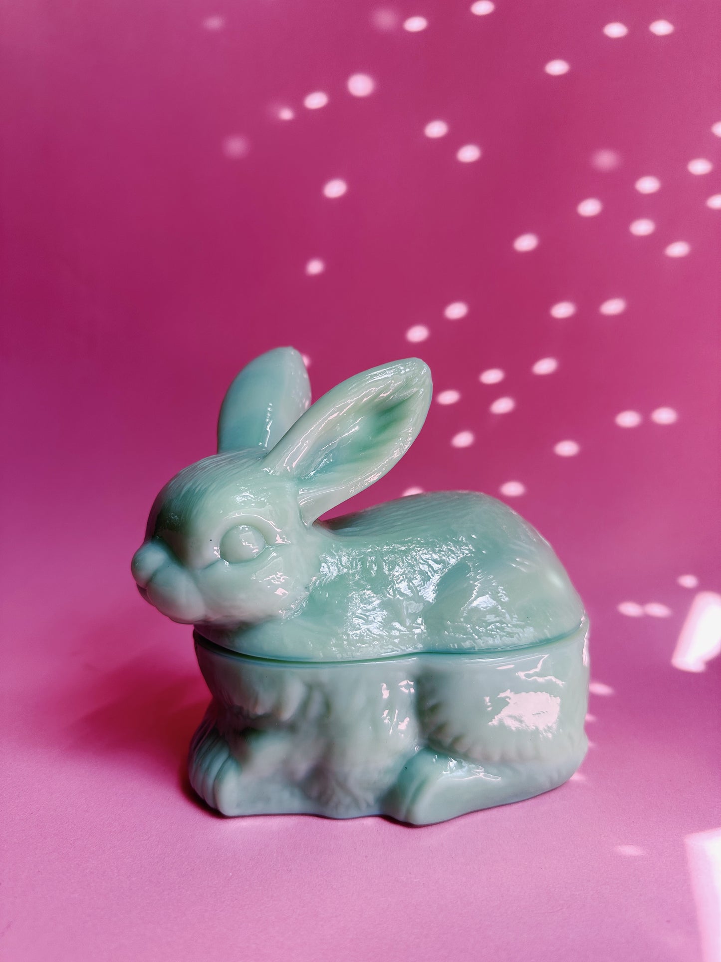 Jadeite Green Bunny Rabbit Lidded Covered Candy / Trinket Dish, New, Glass, 6"