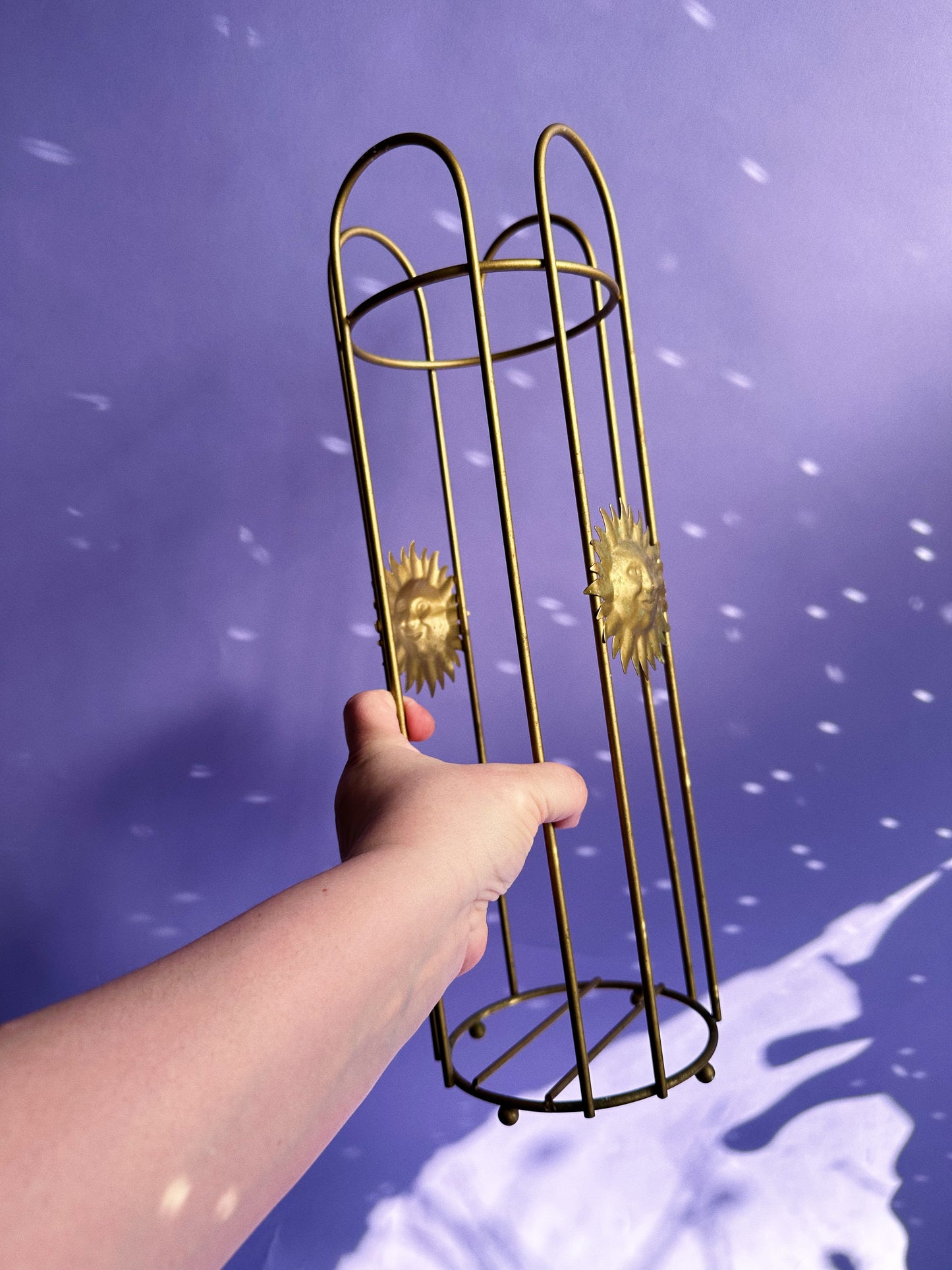 Vintage Celestial Sun Toilet Paper Stand Holder Gold Tone Metal 17” High