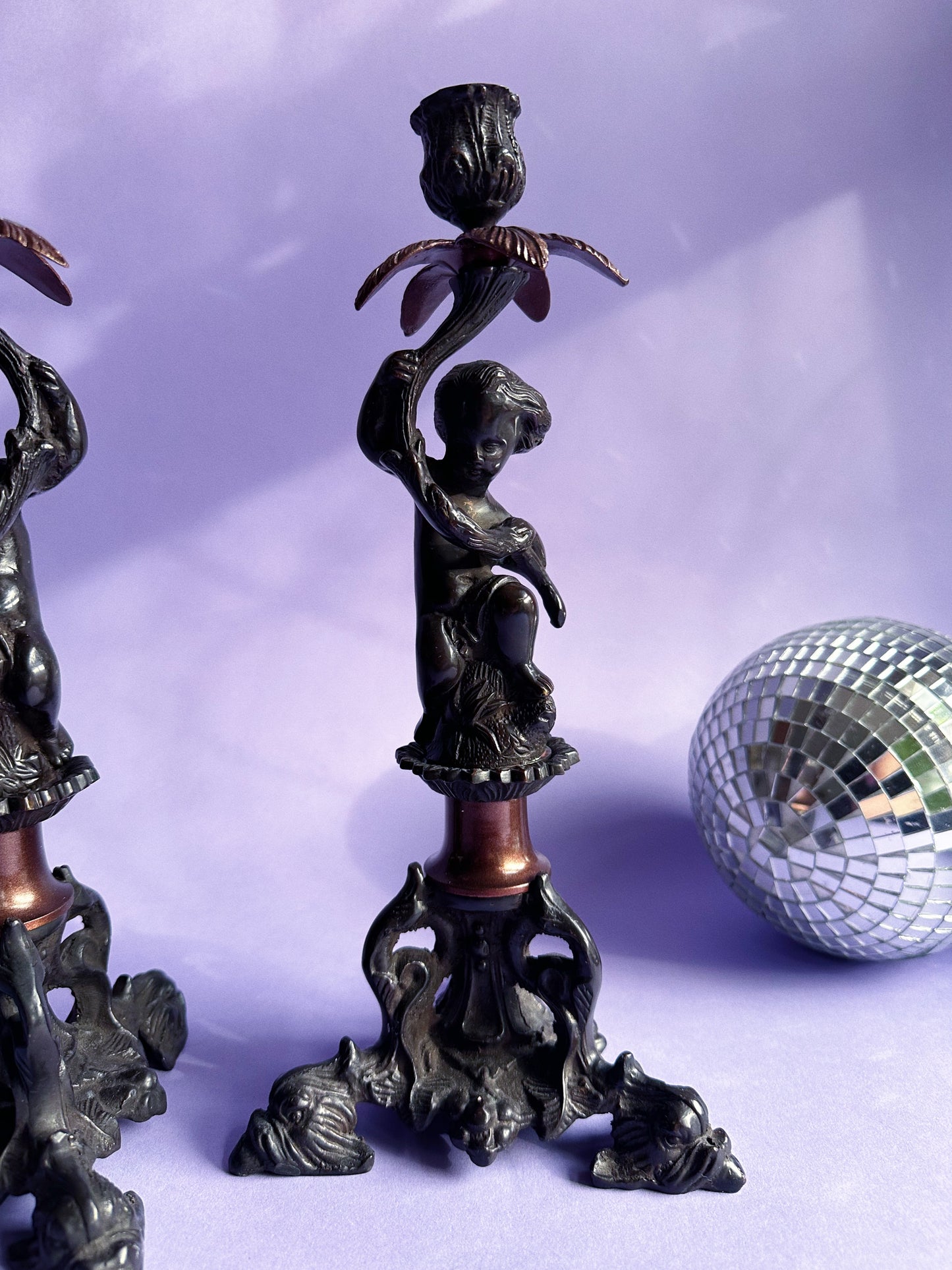 Pair Of Vintage Antique Heavy Cast Metal Cherub Candlesticks