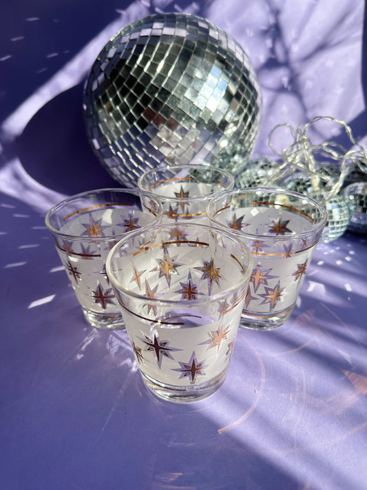 Vintage MCM Dominion Atomic Starburst Short Tumblers Glasses Frosted Gold