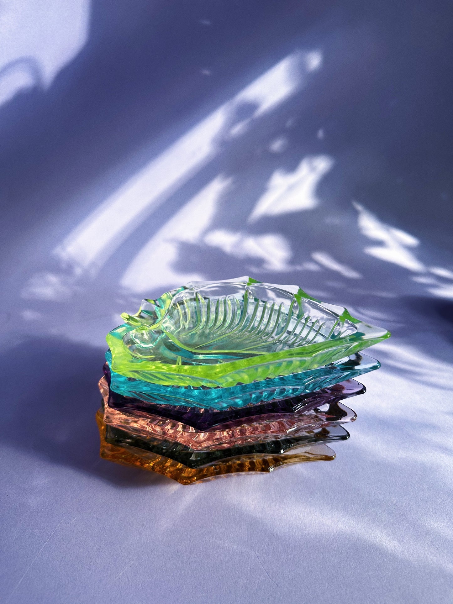 Vintage Japanese Leaf Shaped Harlequin Coloured Glass Ashtrays Set Of 6