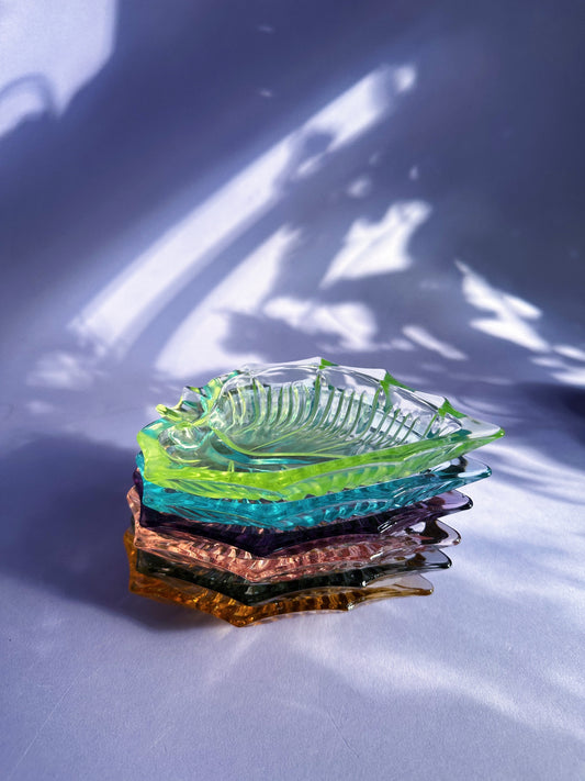 Vintage Japanese Leaf Shaped Harlequin Coloured Glass Ashtrays Set Of 6