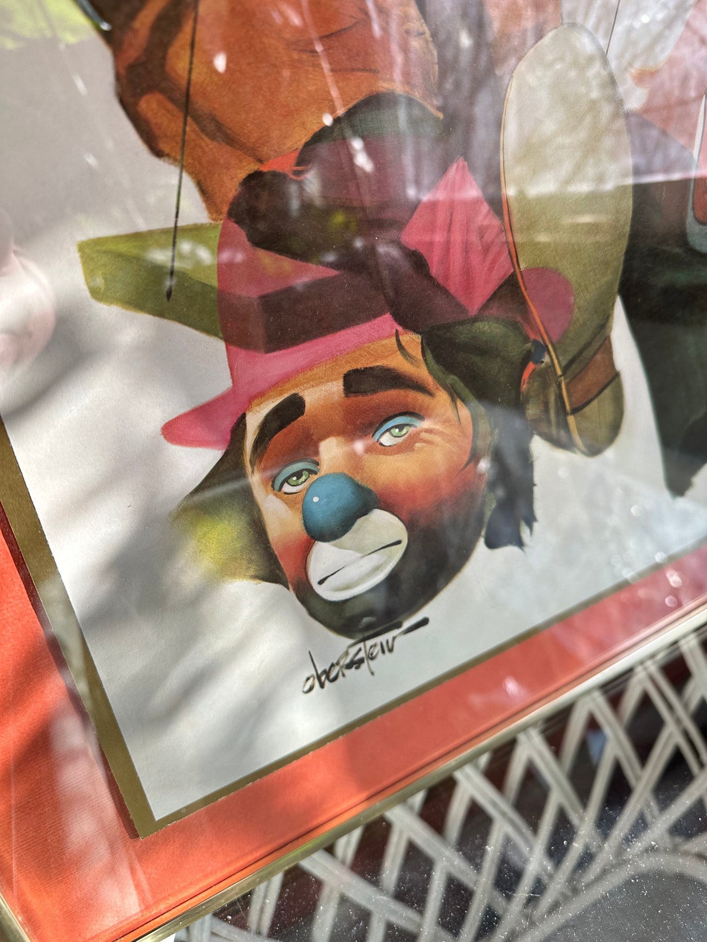 Vintage Chuck Oberstein Clowns Sad Signed Print Brass Framed