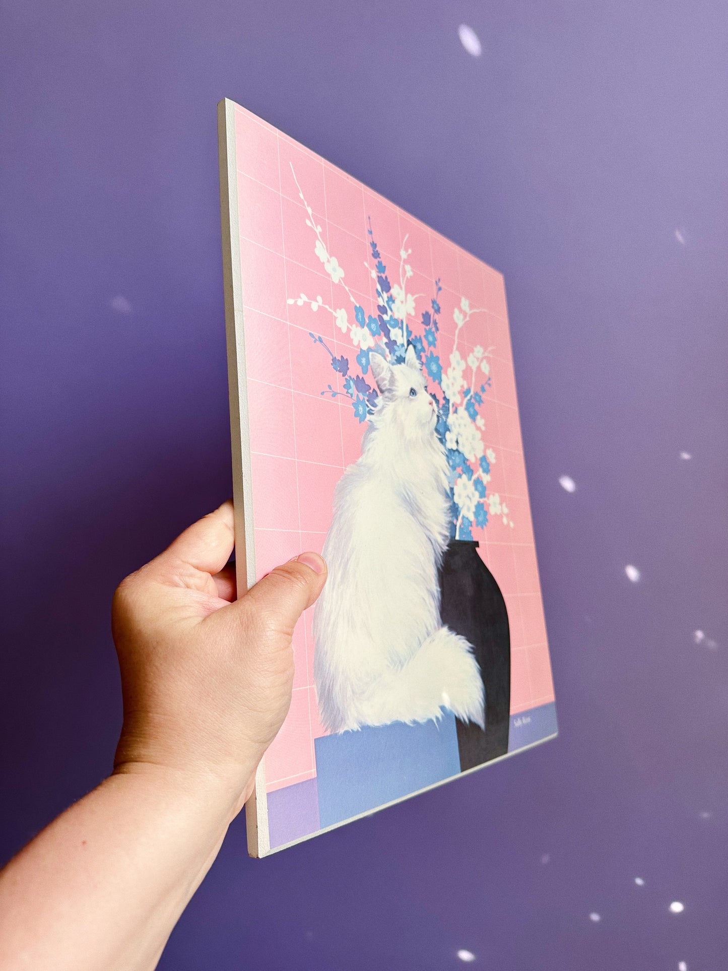 Vintage Pink White Cat Sally Ross Board Prints