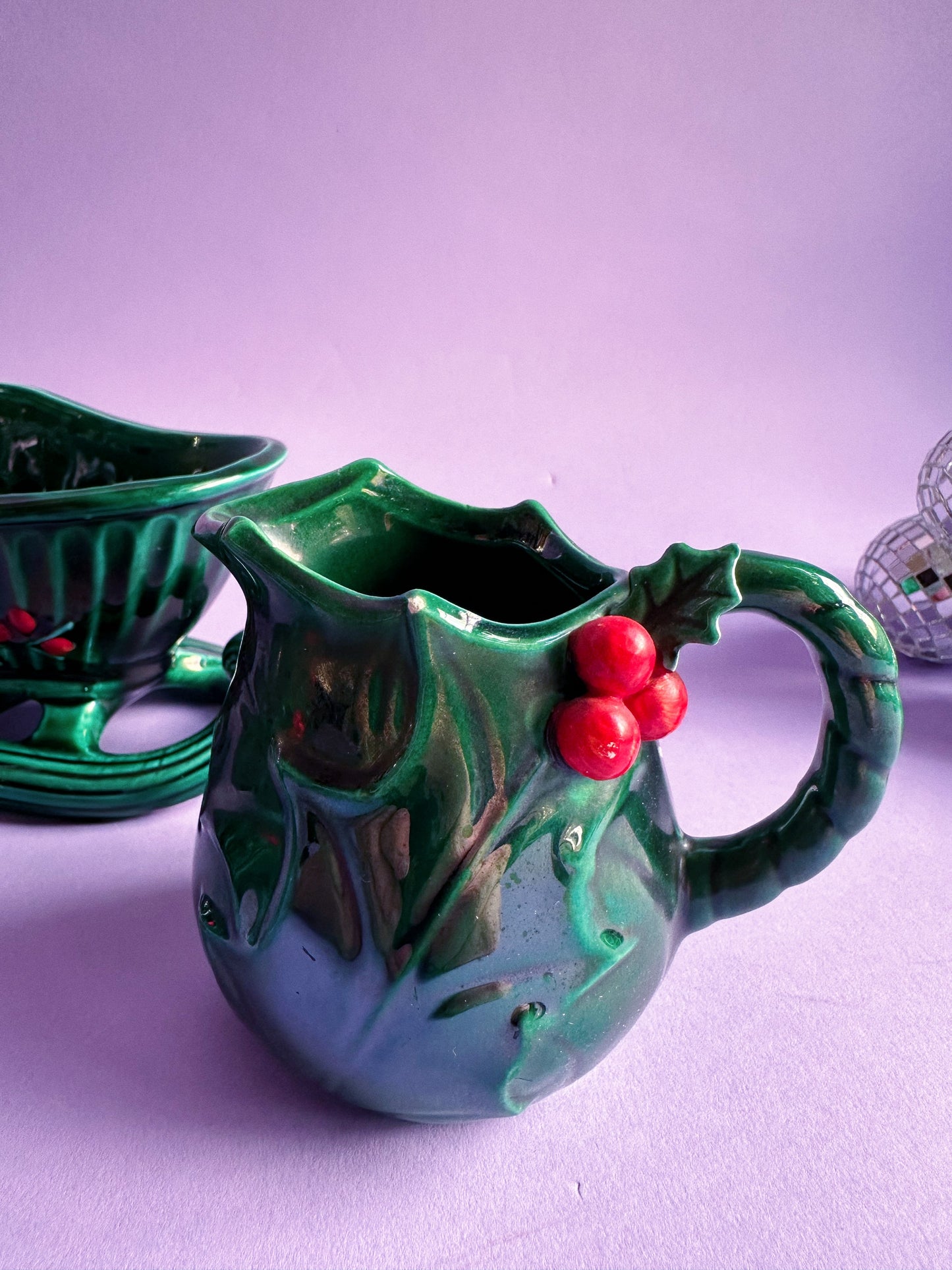 Vintage Lefton Ceramic Set Green Holly Red Berry Teapot, Sugar, Creamer & Sleigh