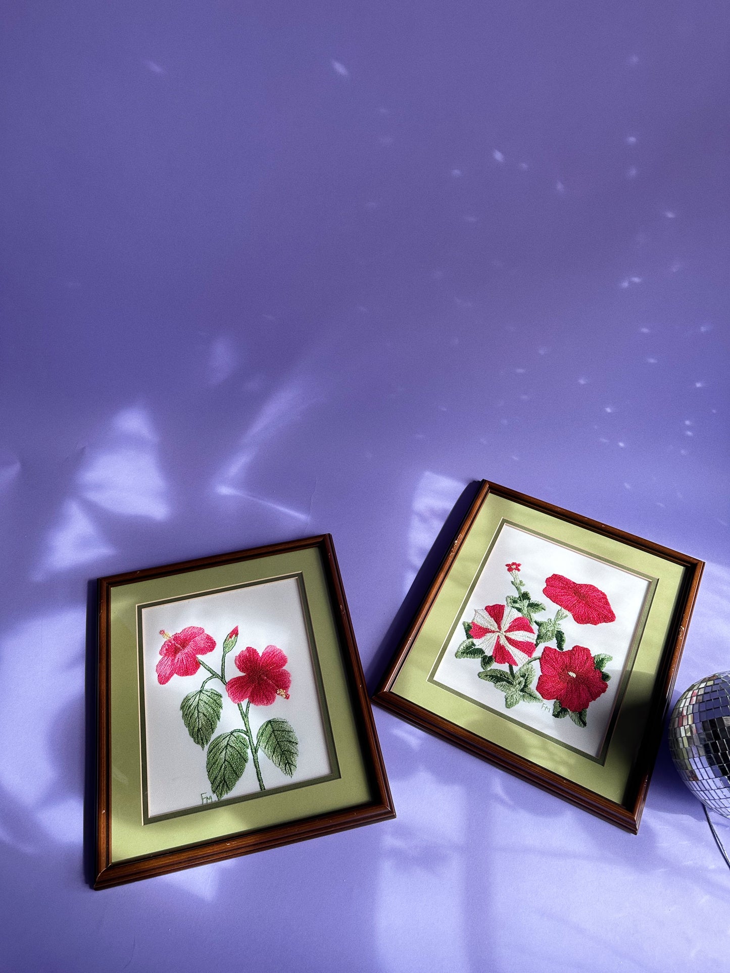 Vintage Pair of Japanese Red Floral Framed Crewel