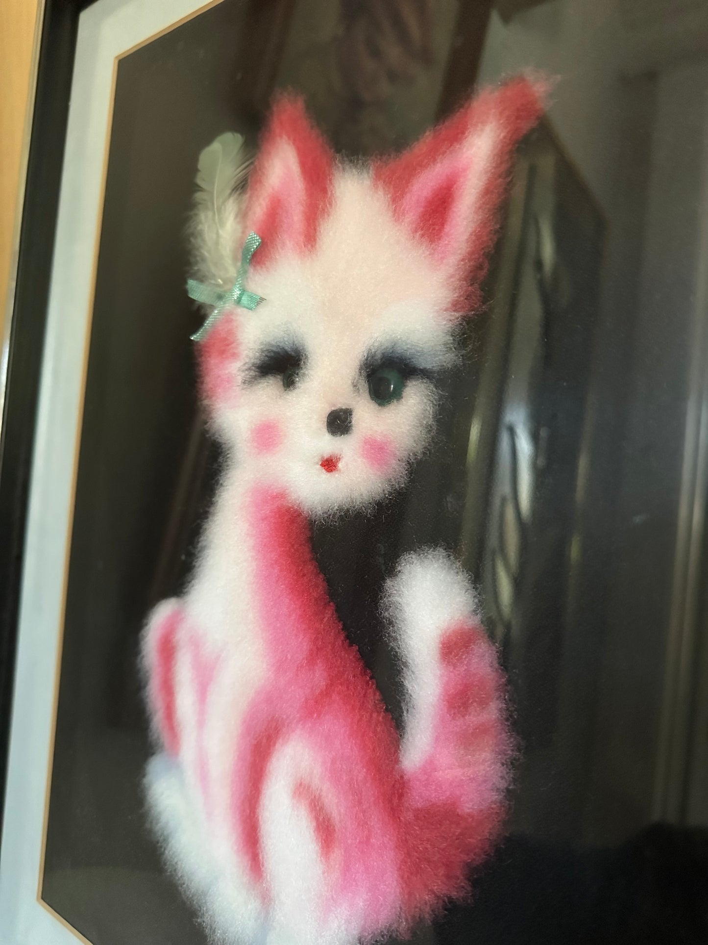 Vintage Japanese Matsuhato Bunka Punch Embroidery Pink Cat Framed