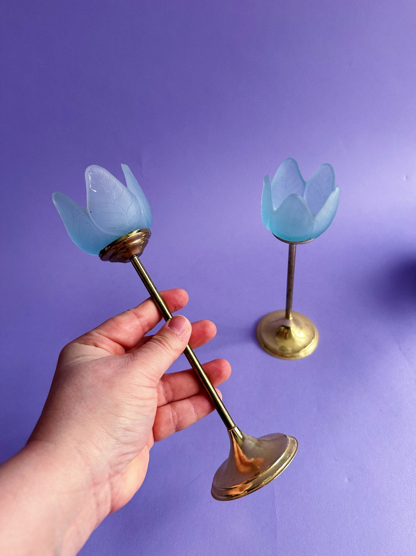 Vintage Blue Frosted Glass Tulip & Brass Candle Holders