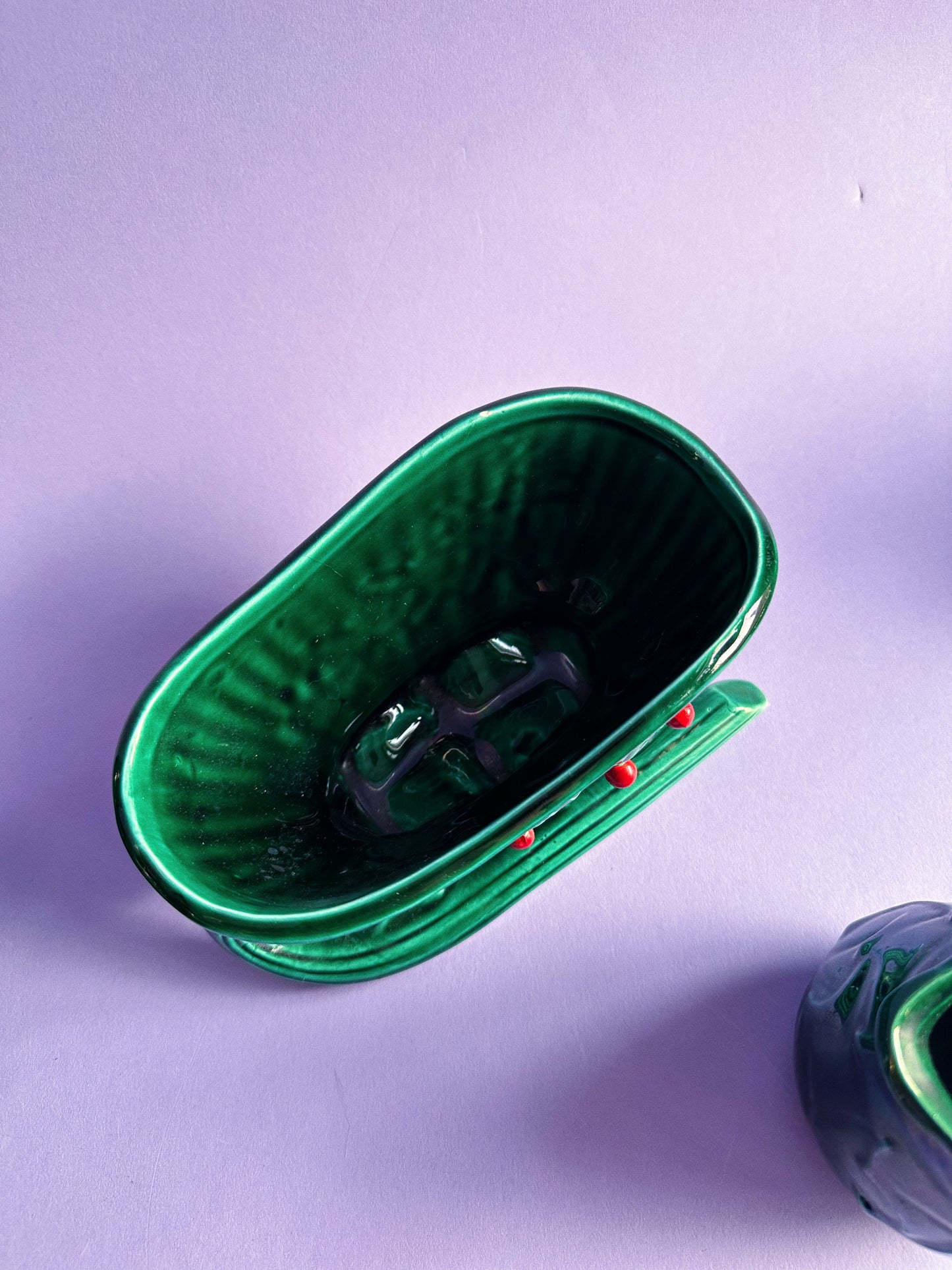 Vintage Lefton Ceramic Set Green Holly Red Berry Teapot, Sugar, Creamer & Sleigh