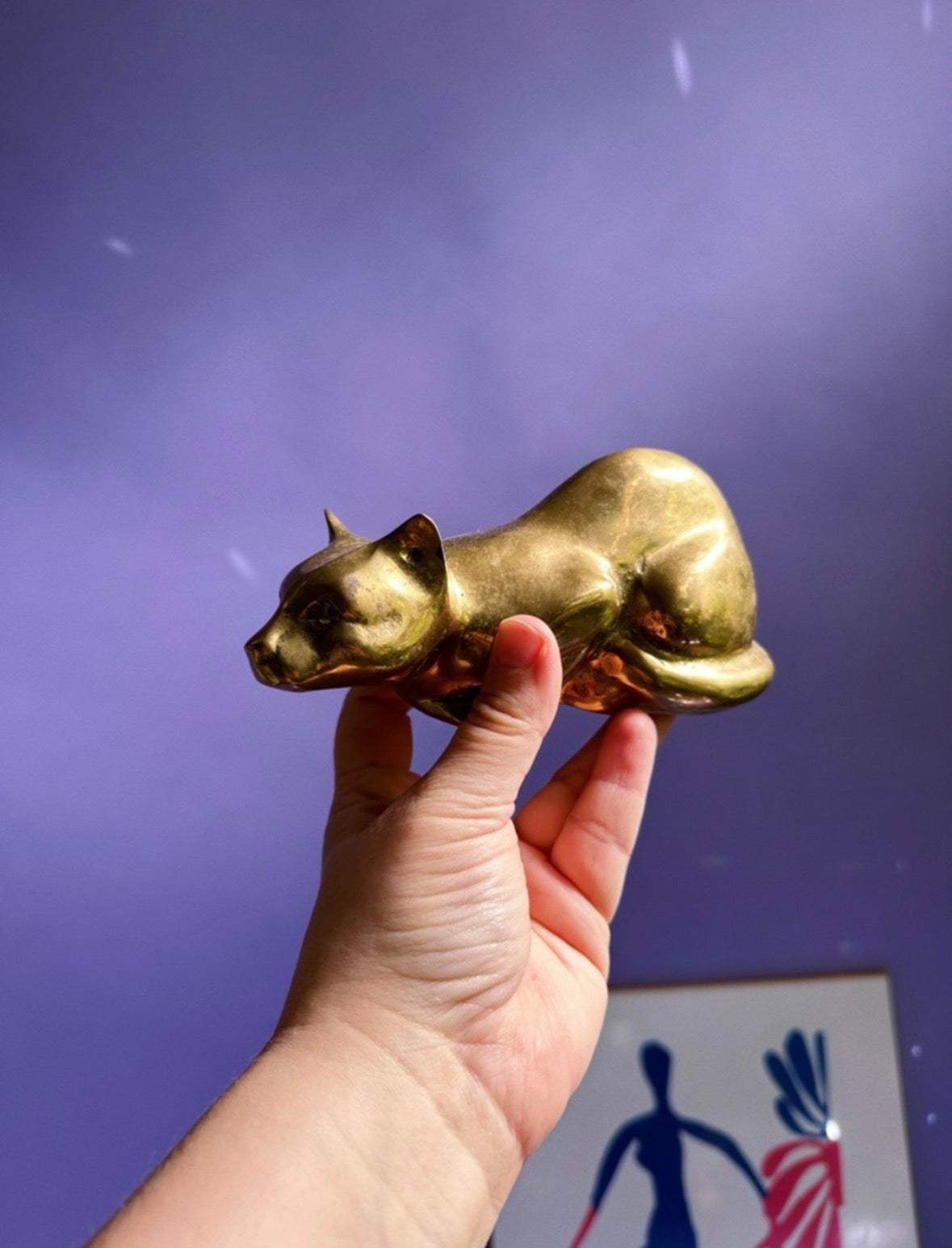 Vintage Brass Crouching Cat Figurine Sculpture 7” x 4”