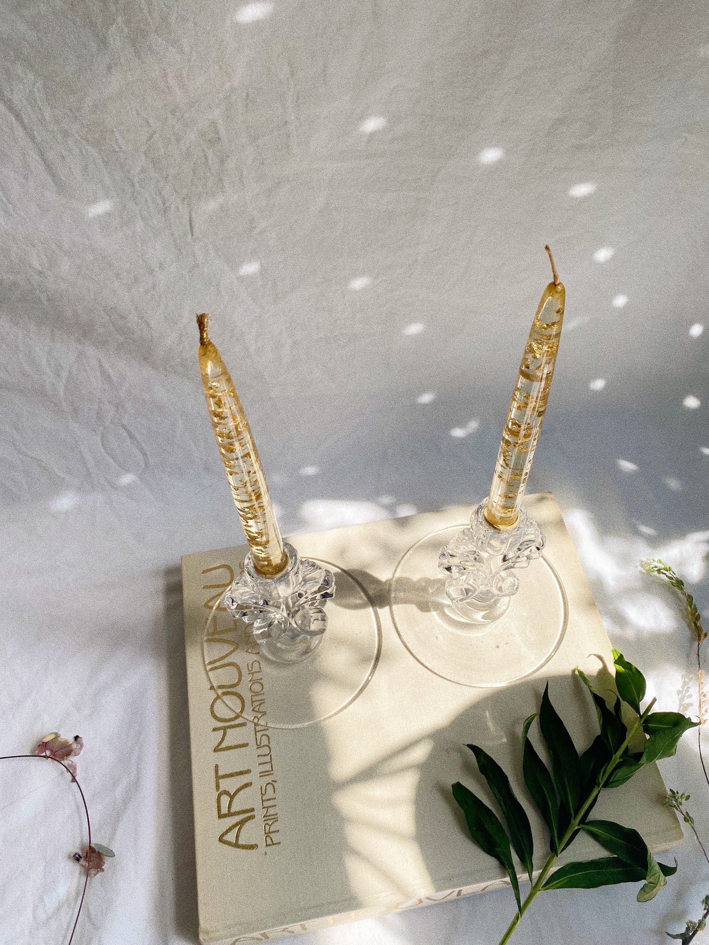 Vintage Manganese Glass (Glows Green!) Tear Drop Candlesticks