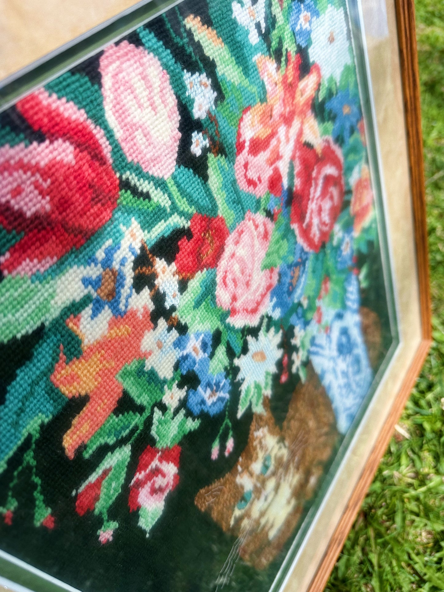 Vintage Framed Needlepoint “Contented Cat" 2413 Orange Tabby Flowers Hallmark