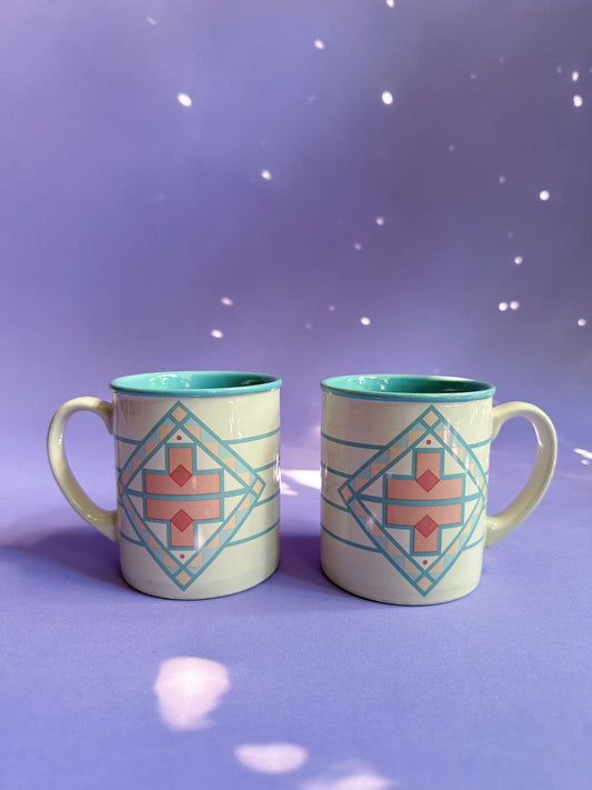 Pair of Vintage Pastel Aztec Design Coffee / Tea Mugs