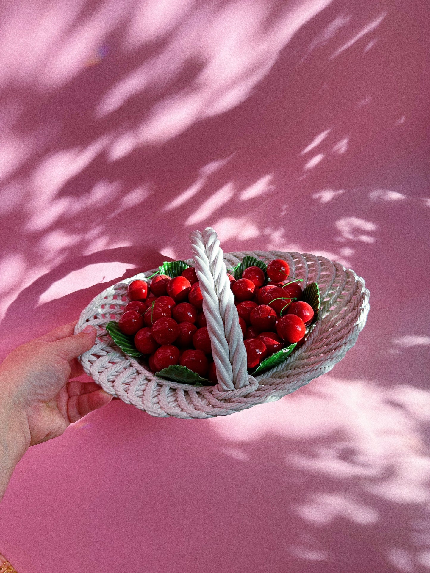 Vintage Capodimonte Large Heavy Weaved Cherry Basket Green Leaves Made In Italy