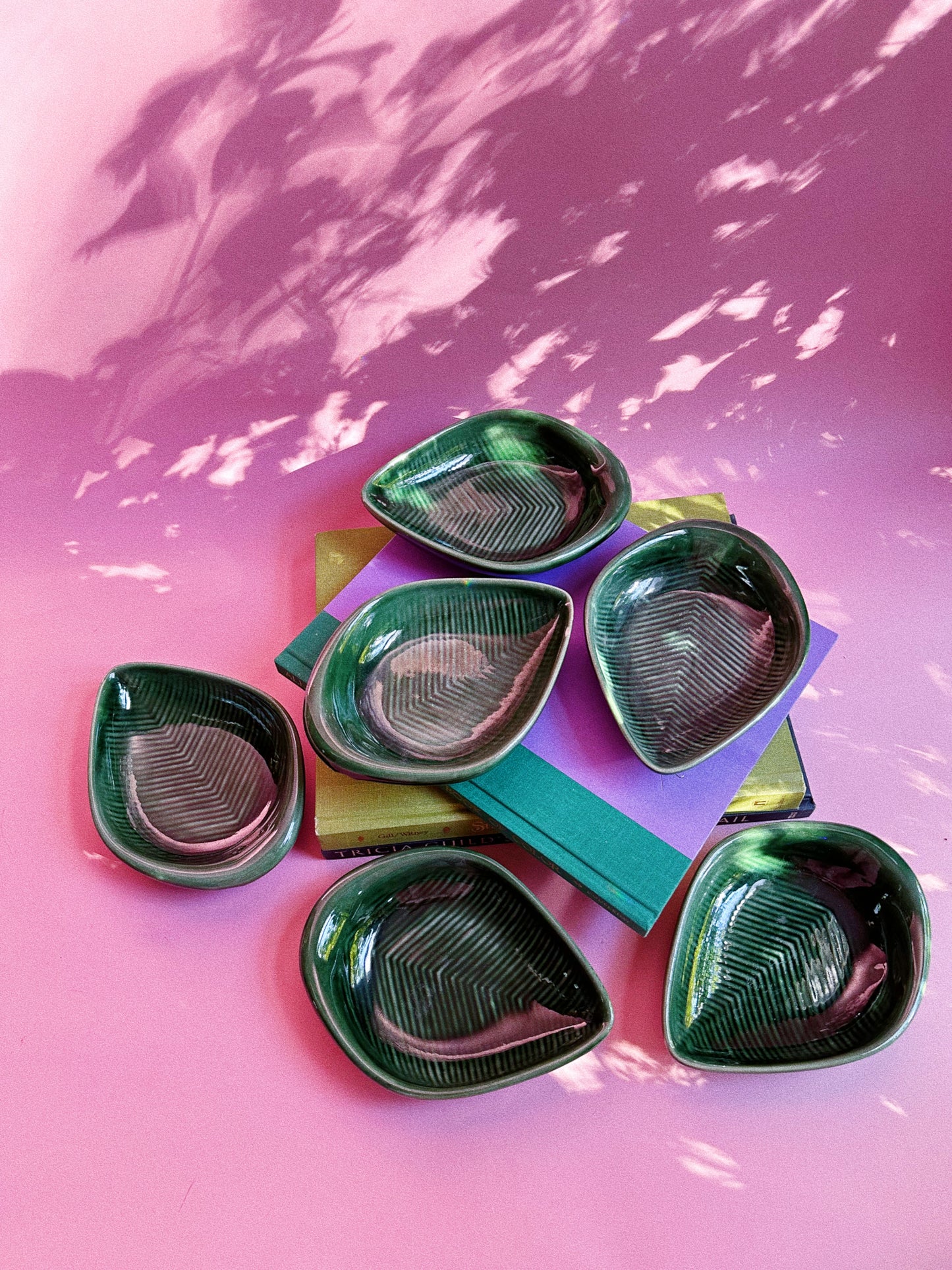 Set of 6 Green Leaf Glazed Pottery Serving Dishes