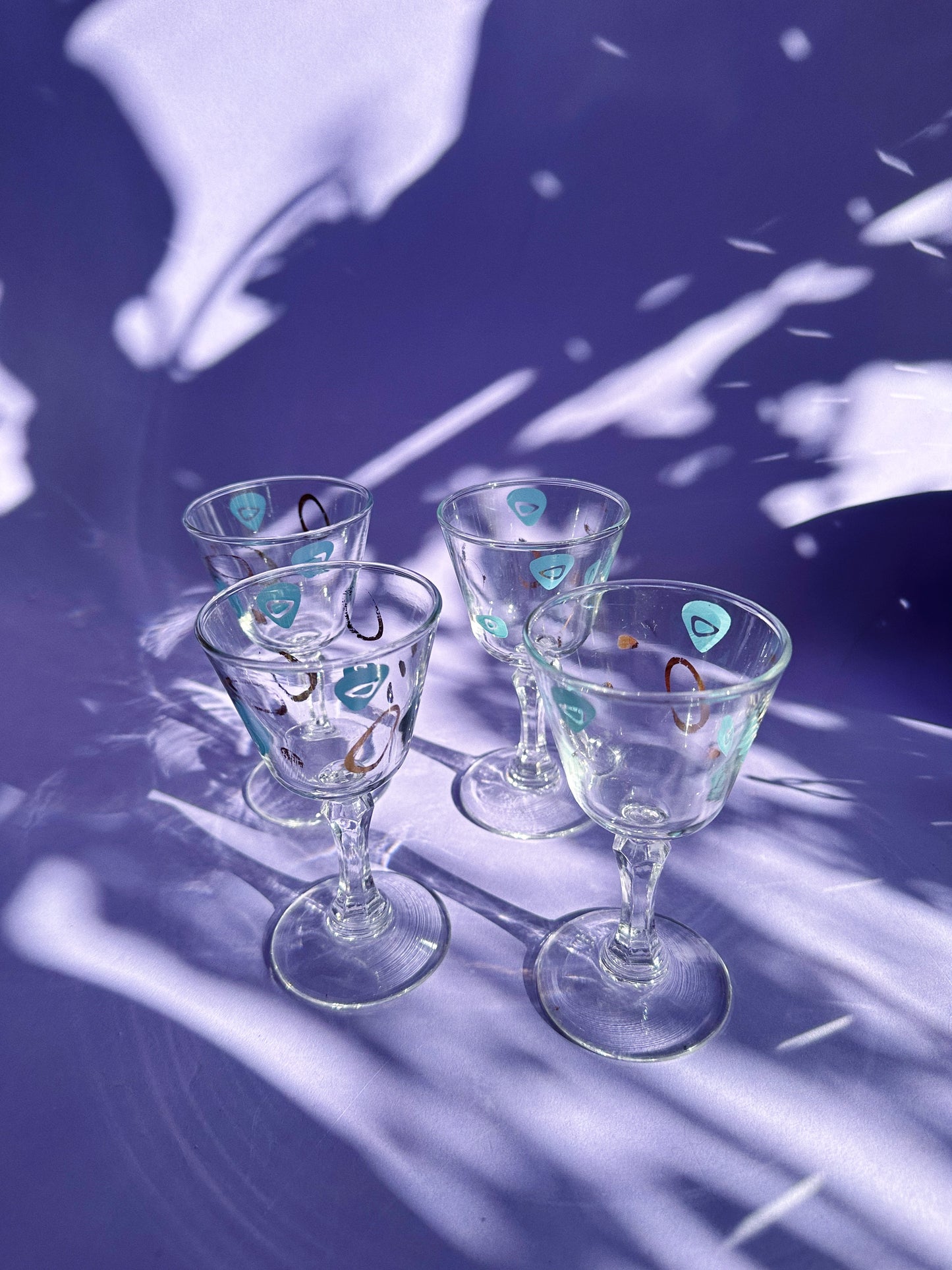 Set of 4 Federal Atomic-Amoeba Cocktail Glasses Wine Cordial MCM Gold Blue