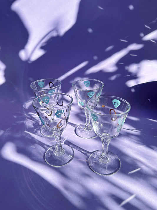 Set of 4 Federal Atomic-Amoeba Cocktail Glasses Wine Cordial MCM Gold Blue