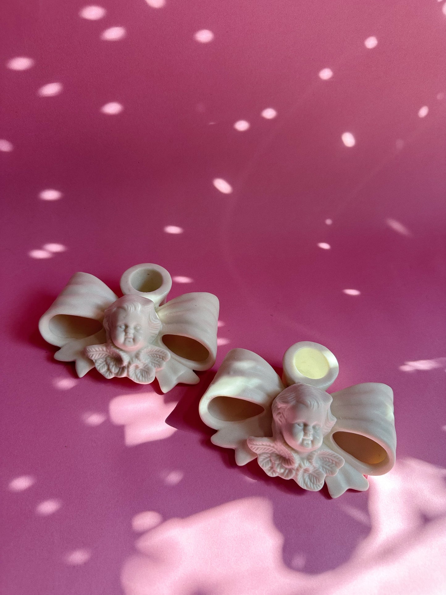 Vintage White Porcelain Cherub & Bow Candlesticks for Taper Candles