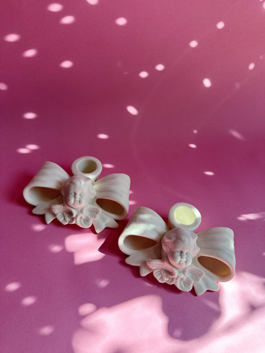 Vintage White Porcelain Cherub & Bow Candlesticks for Taper Candles