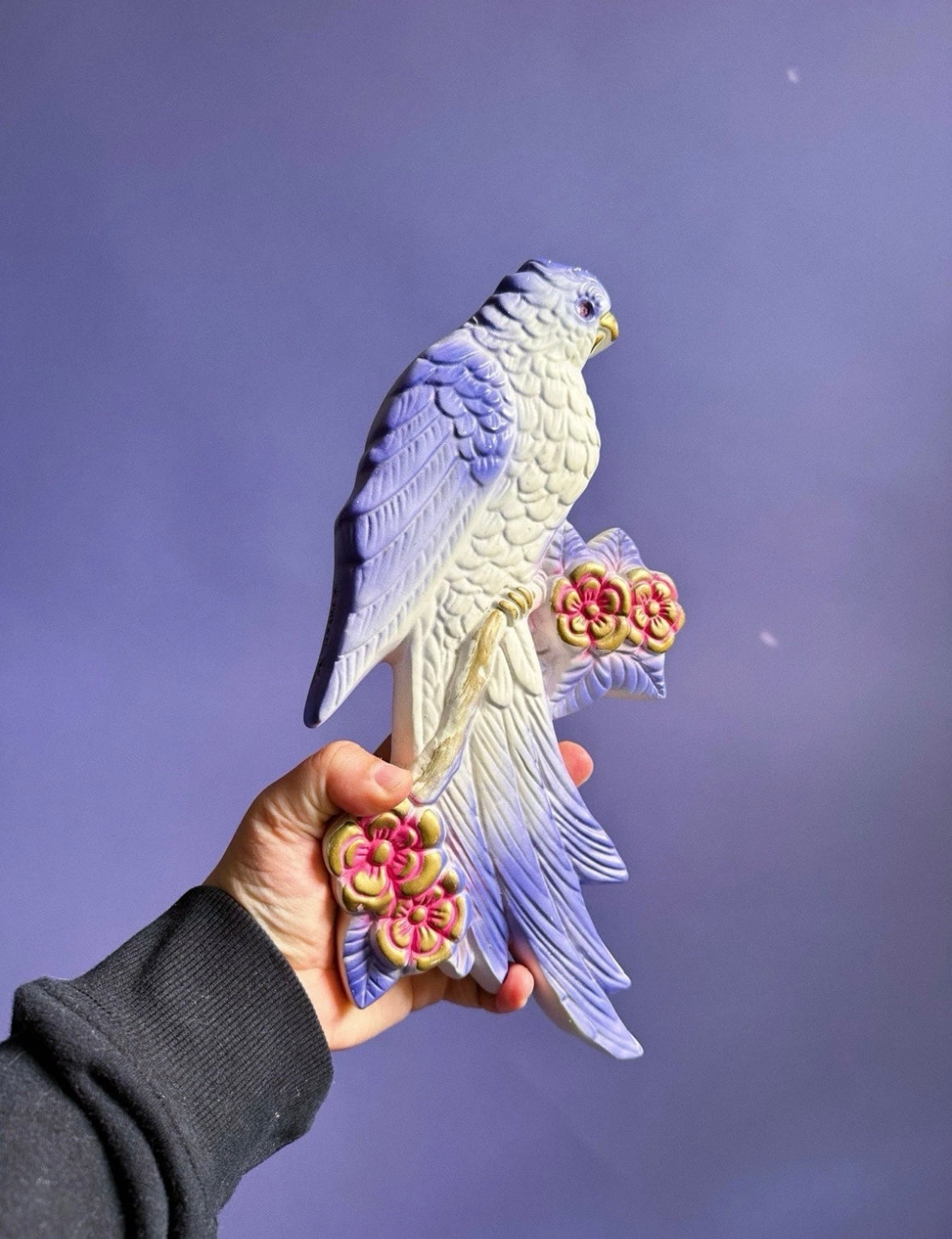 Vintage Mid Century Favor Ware Chalkware Parrots, Purple Pink