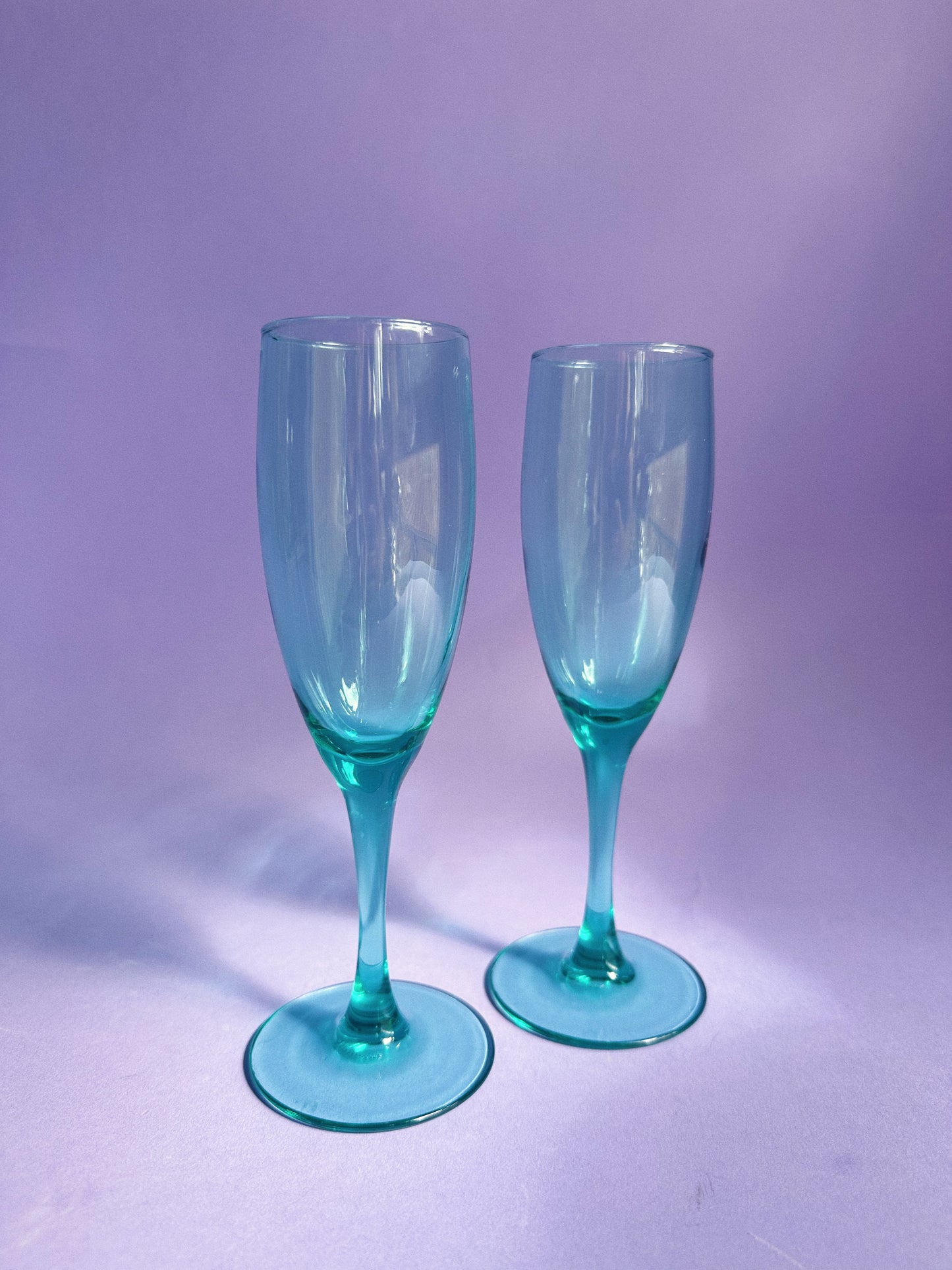 2 Luminarc Teal Green Fluted Champage Glasses Pair Durand France