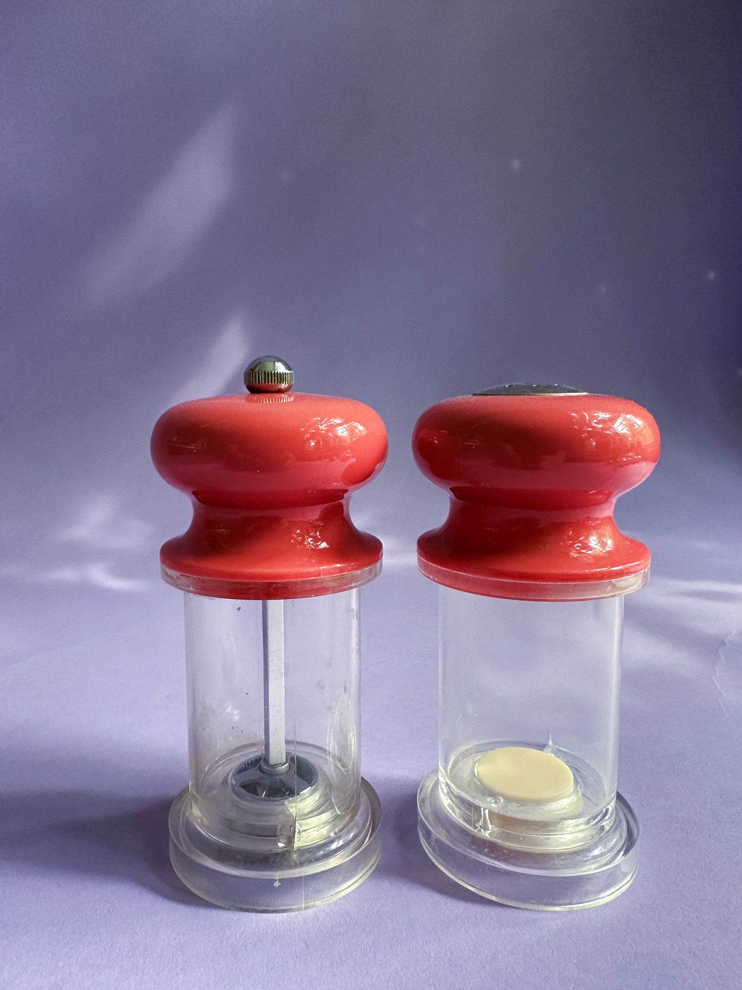 80s Vintage Lucite Dusty Rose Salt Shaker and Pepper Grinder