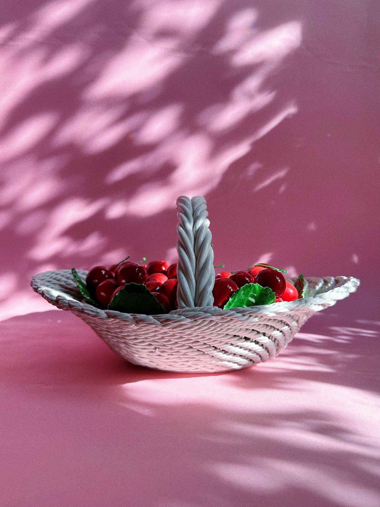 Vintage Capodimonte Large Heavy Weaved Cherry Basket Green Leaves Made In Italy