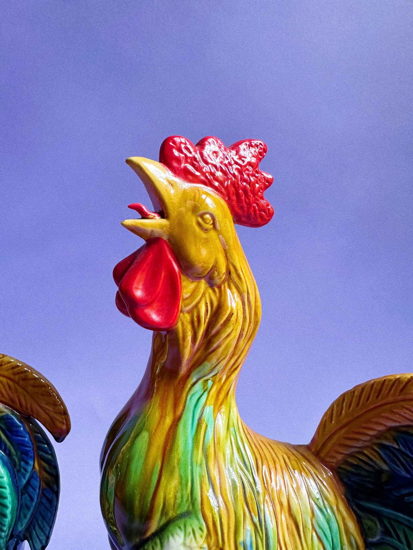 Pair Of 12” Majolica Glazed Bright Ceramic Roosters