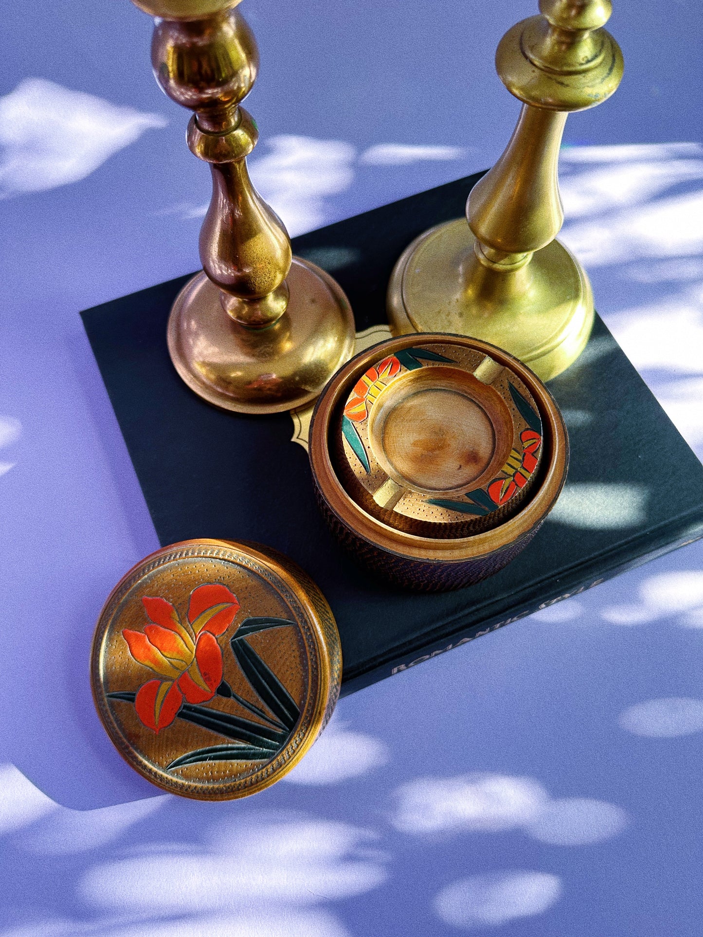 Vintage Wood Tulip Ashtray Set Lidded Box