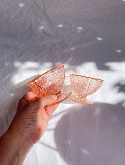 Vintage 1930s Cherry Blossom Jeanette Pink Depression Sherbet Glasses